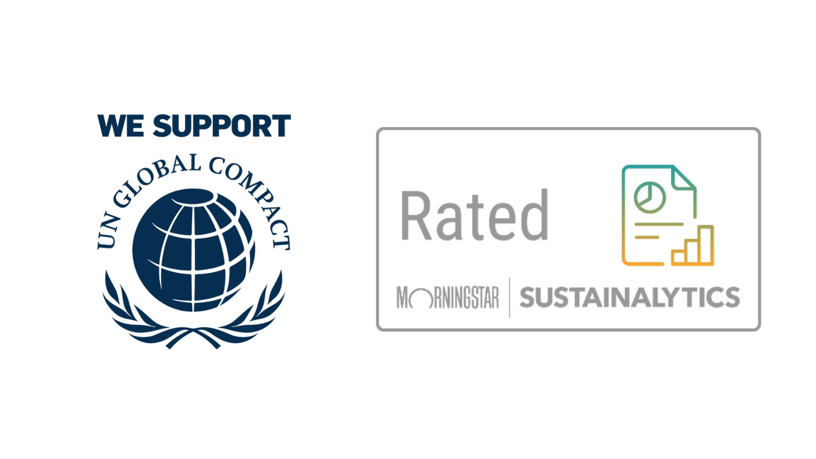 Logos: UN Global Compact, TCFD, Morningstar Sustainalytics 